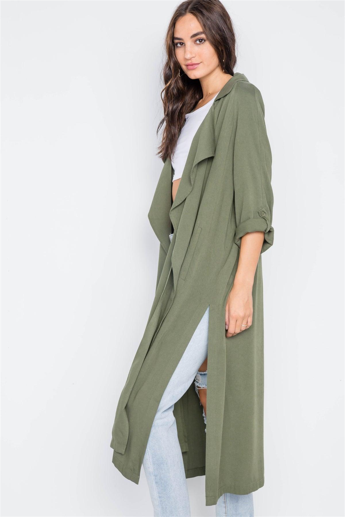 Olive Open Front Long Sleeve Side Slit Jacket /2-2-2