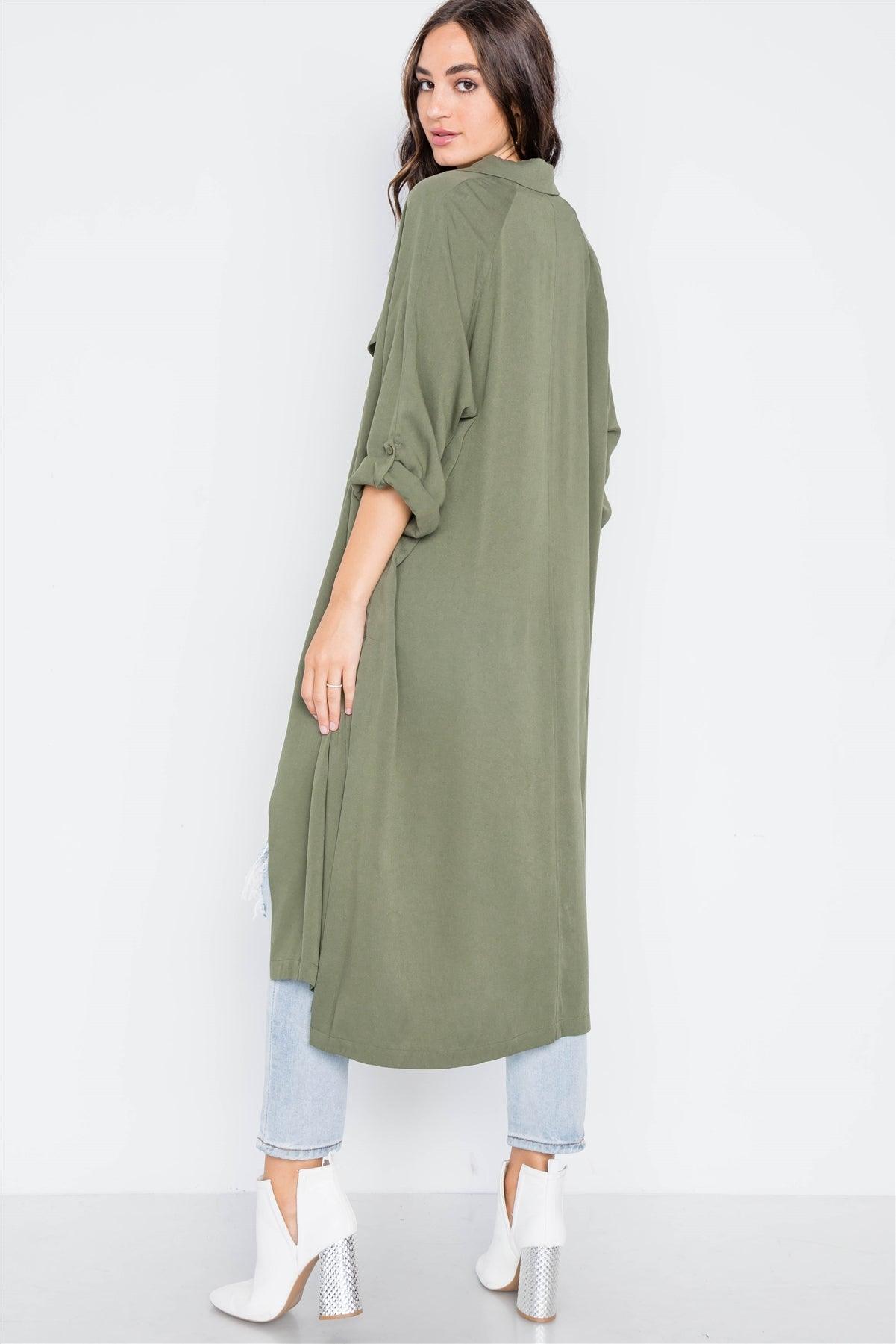 Olive Open Front Long Sleeve Side Slit Jacket /2-2-2