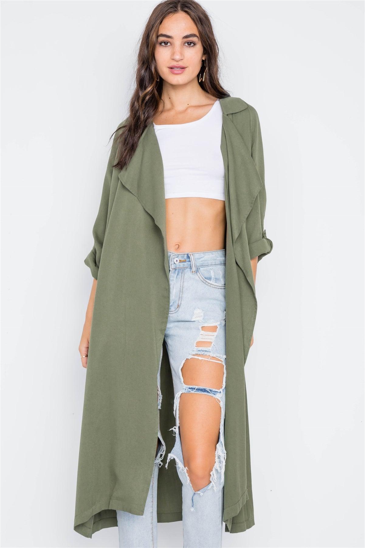 Olive Open Front Long Sleeve Side Slit Jacket /2-2-2