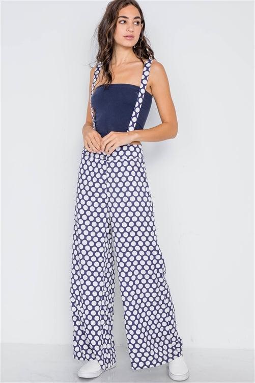 Navy White Polka Dot Wide Leg Suspender Pants /1-2-2