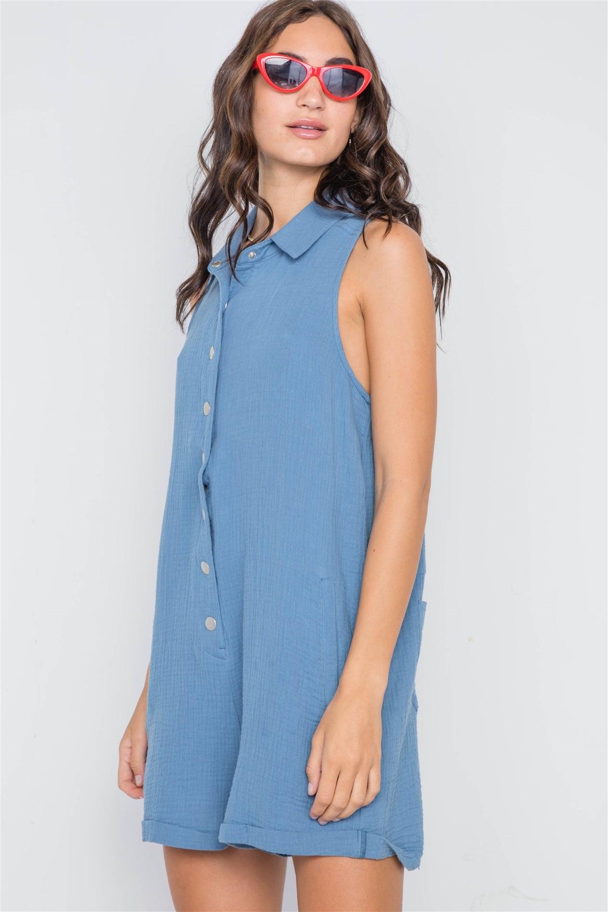 Dusty Blue Snap Button-Front Relaxed Fit Romper /2-2-2