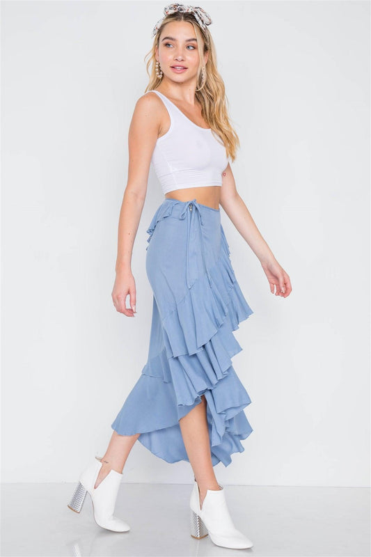 Denim Blue High-Waist Asymmetrical Flounce Midi Skirt /3-2-1