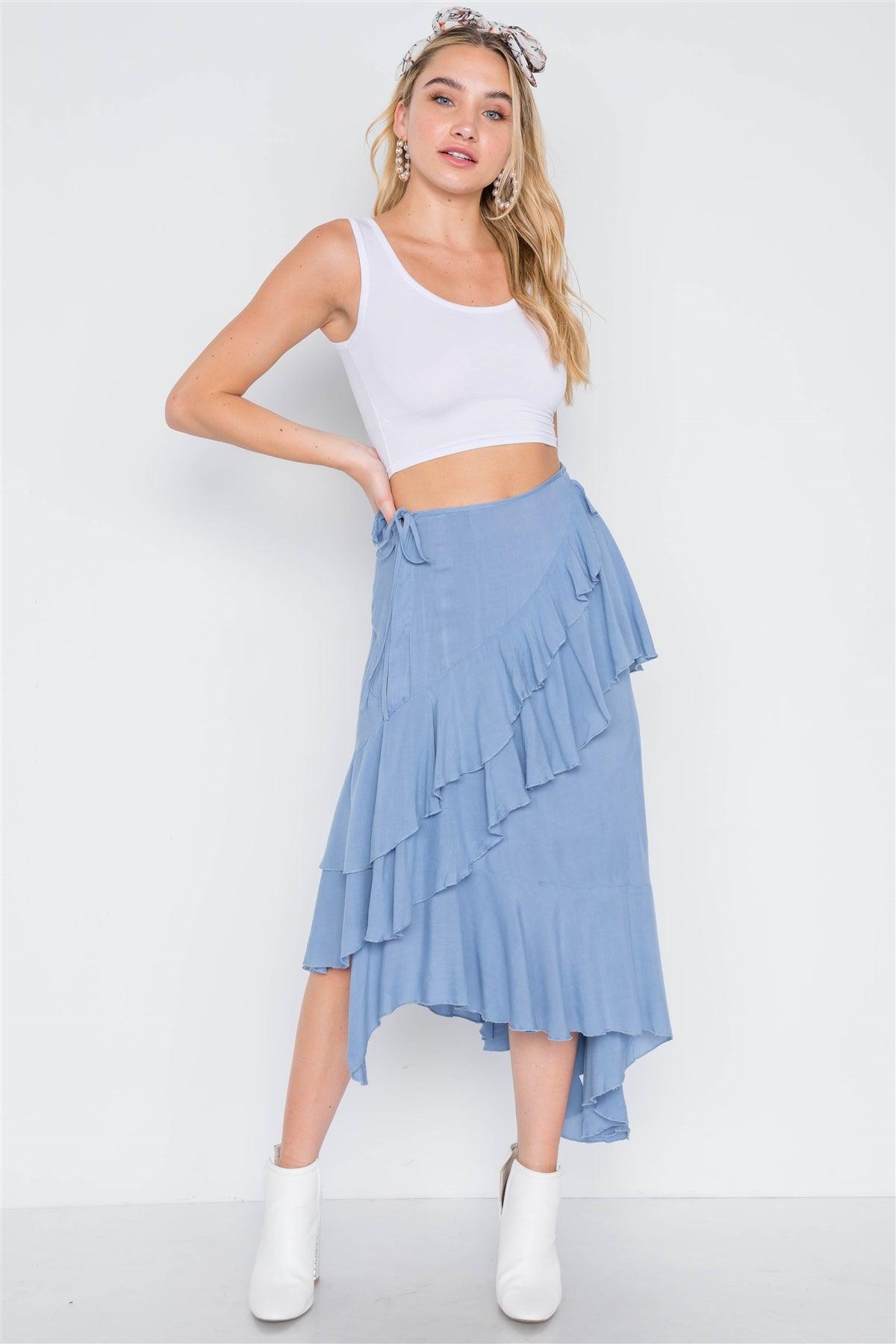 Denim Blue High-Waist Asymmetrical Flounce Midi Skirt /1-3-3