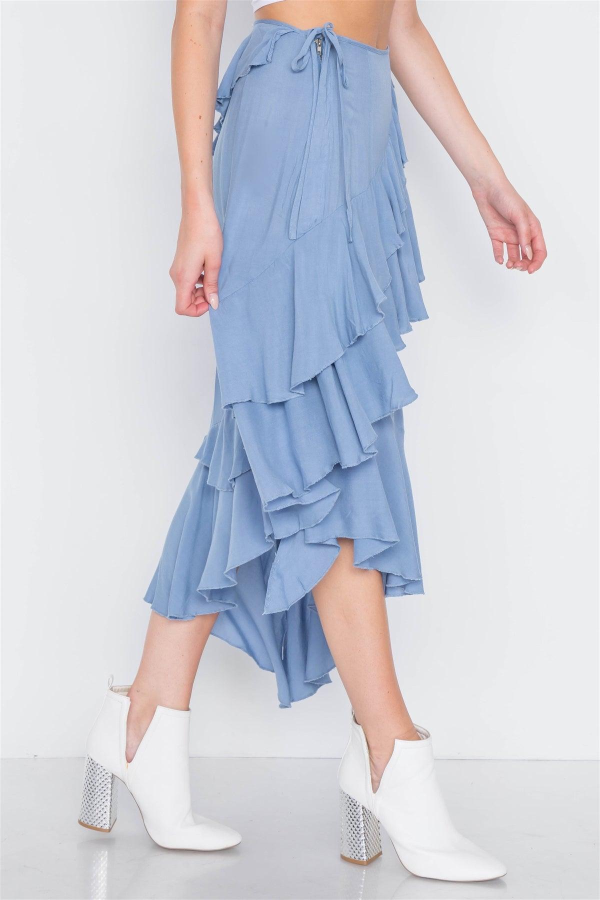 Denim Blue High-Waist Asymmetrical Flounce Midi Skirt /1-3-3