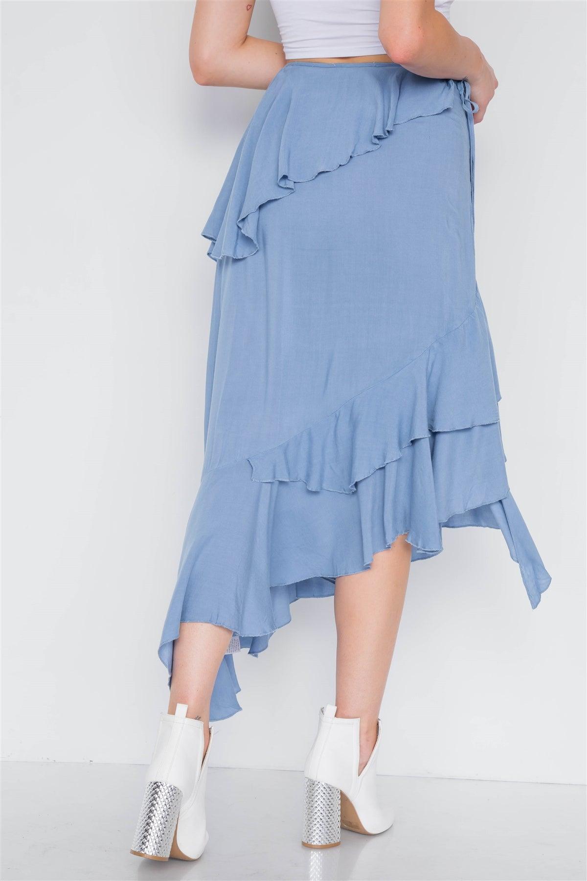 Denim Blue High-Waist Asymmetrical Flounce Midi Skirt /1-3-3