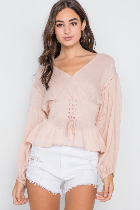 Blush Long Sleeve Lace Up Surplice Neck Top /2-2-2