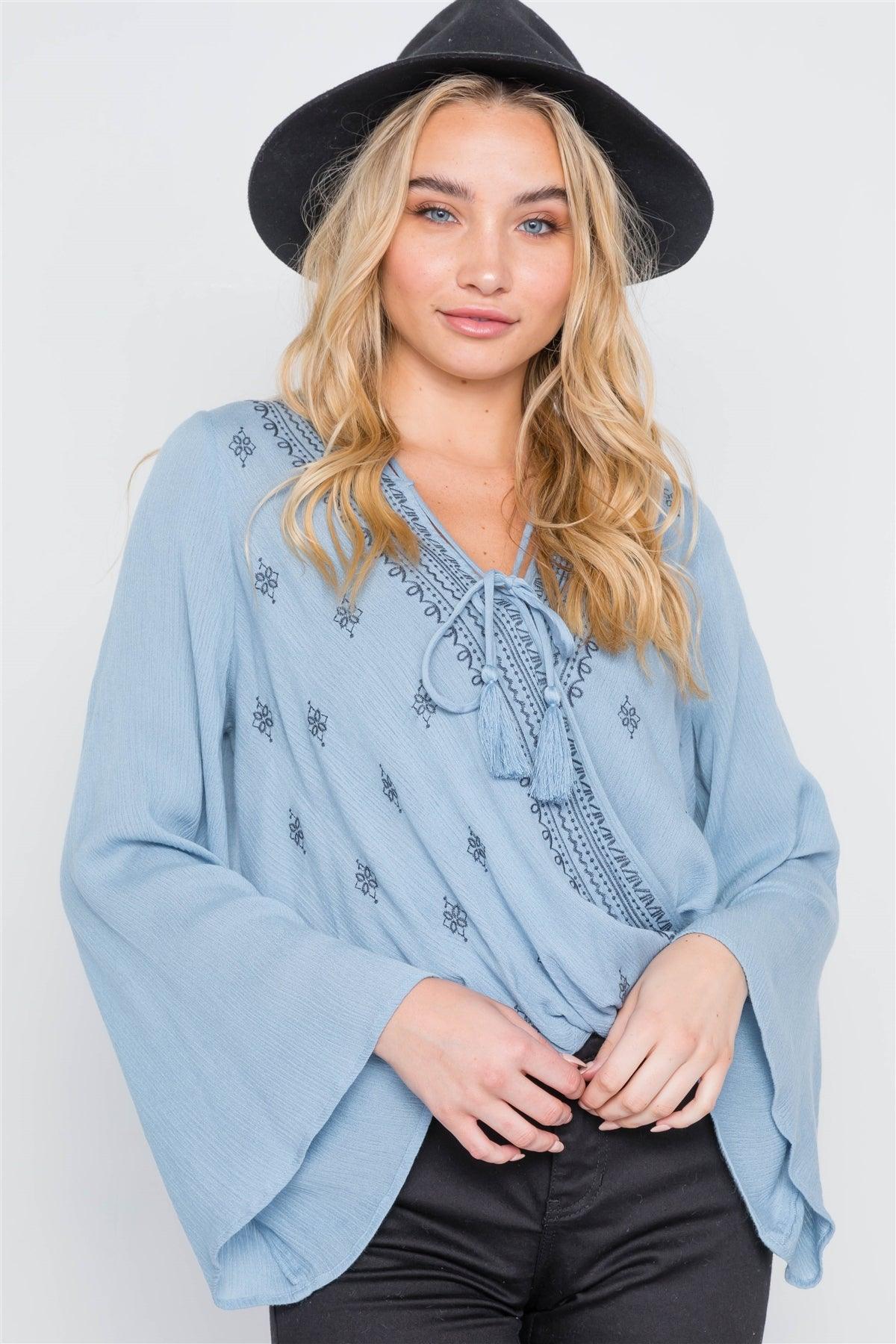 Dusty Blue Embroidery Bell Sleeve Top /2-2-2