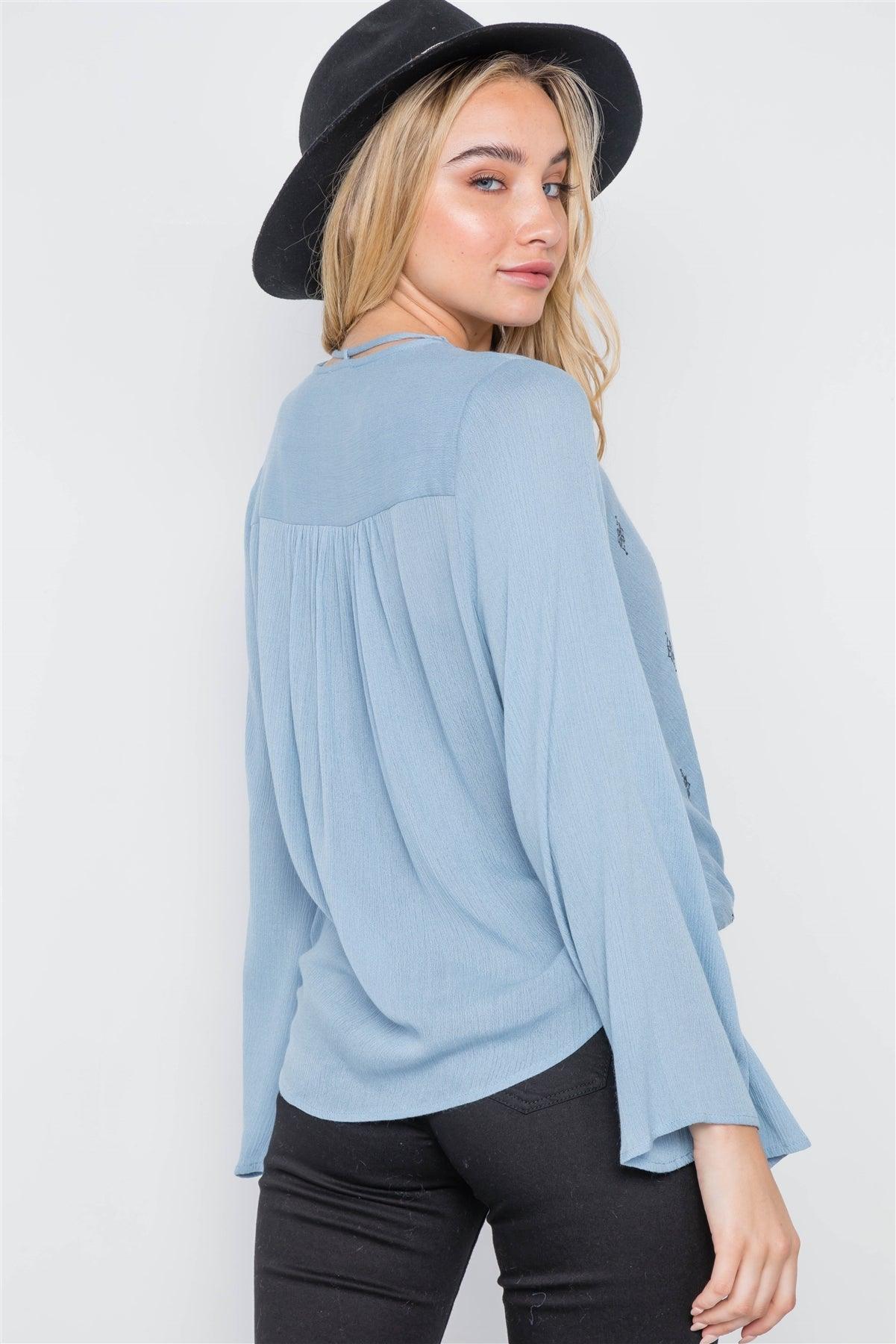 Dusty Blue Embroidery Bell Sleeve Top /2-2-2