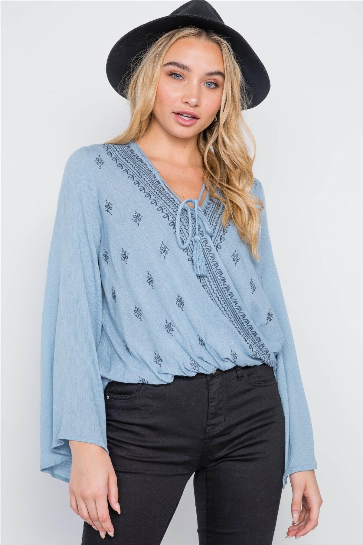 Dusty Blue Embroidery Bell Sleeve Top /2-2-2