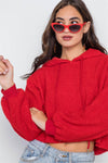 Red Cropped Hooded Long Sleeve Fleece Sweater /1-3-2