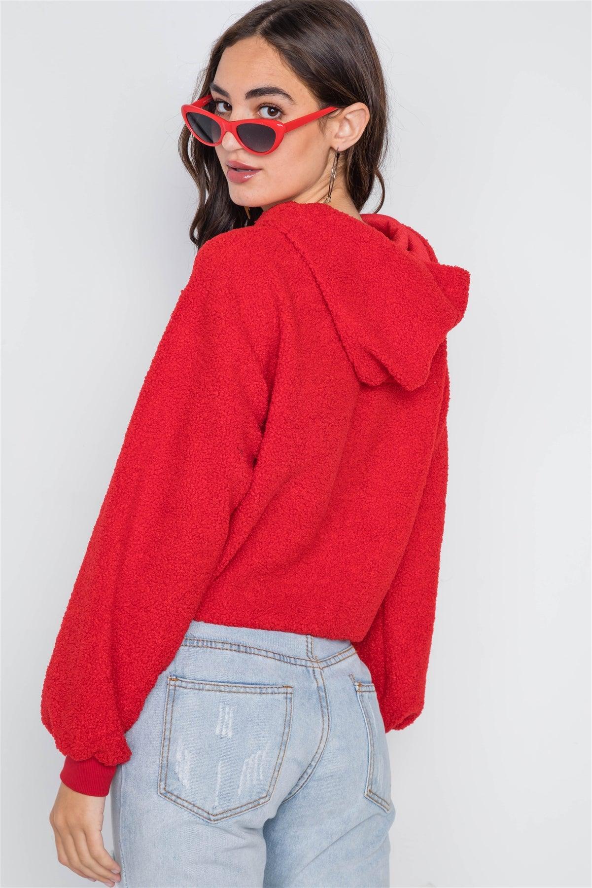 Red Cropped Hooded Long Sleeve Fleece Sweater /1-3-2