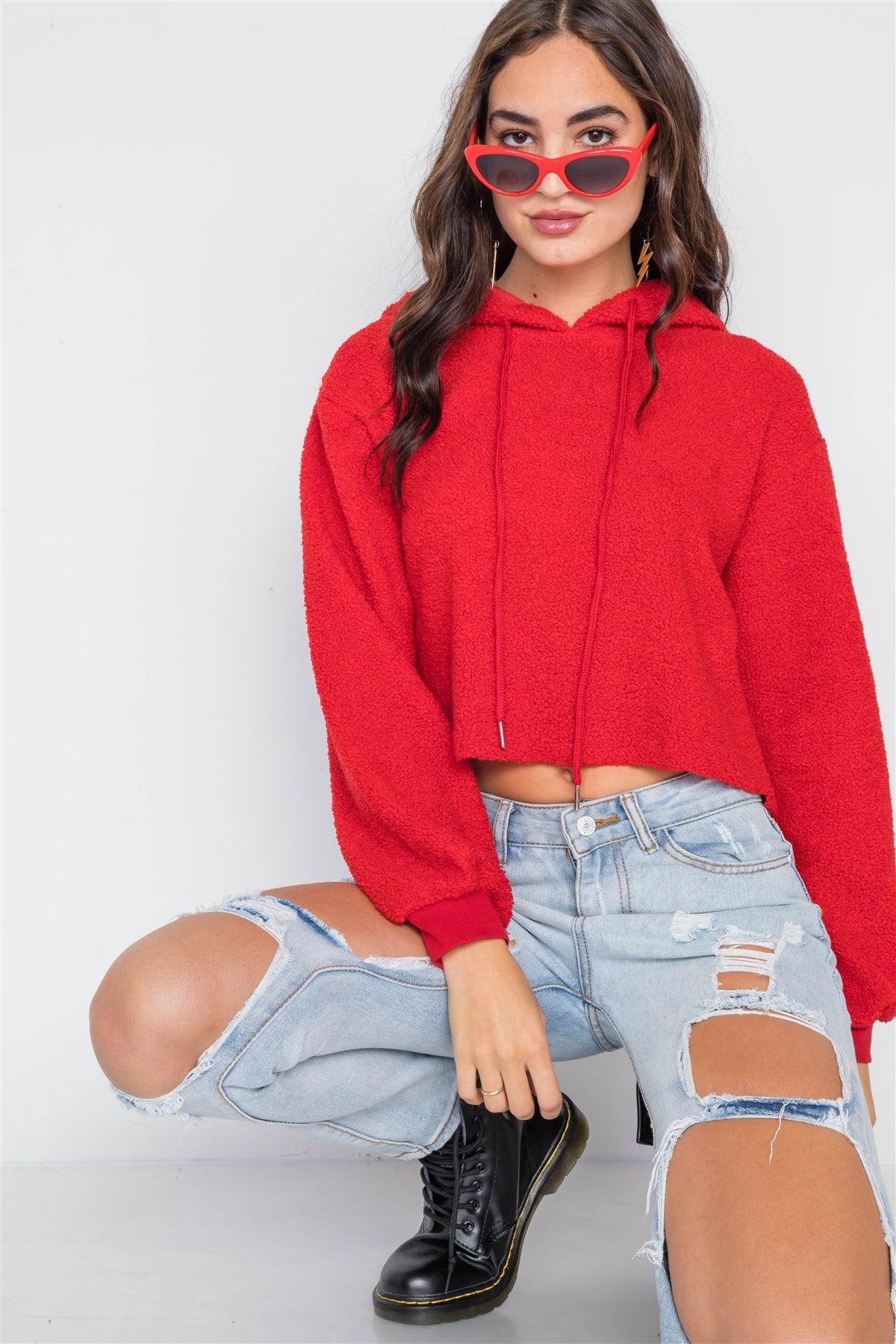 Red Cropped Hooded Long Sleeve Fleece Sweater /1-3-2