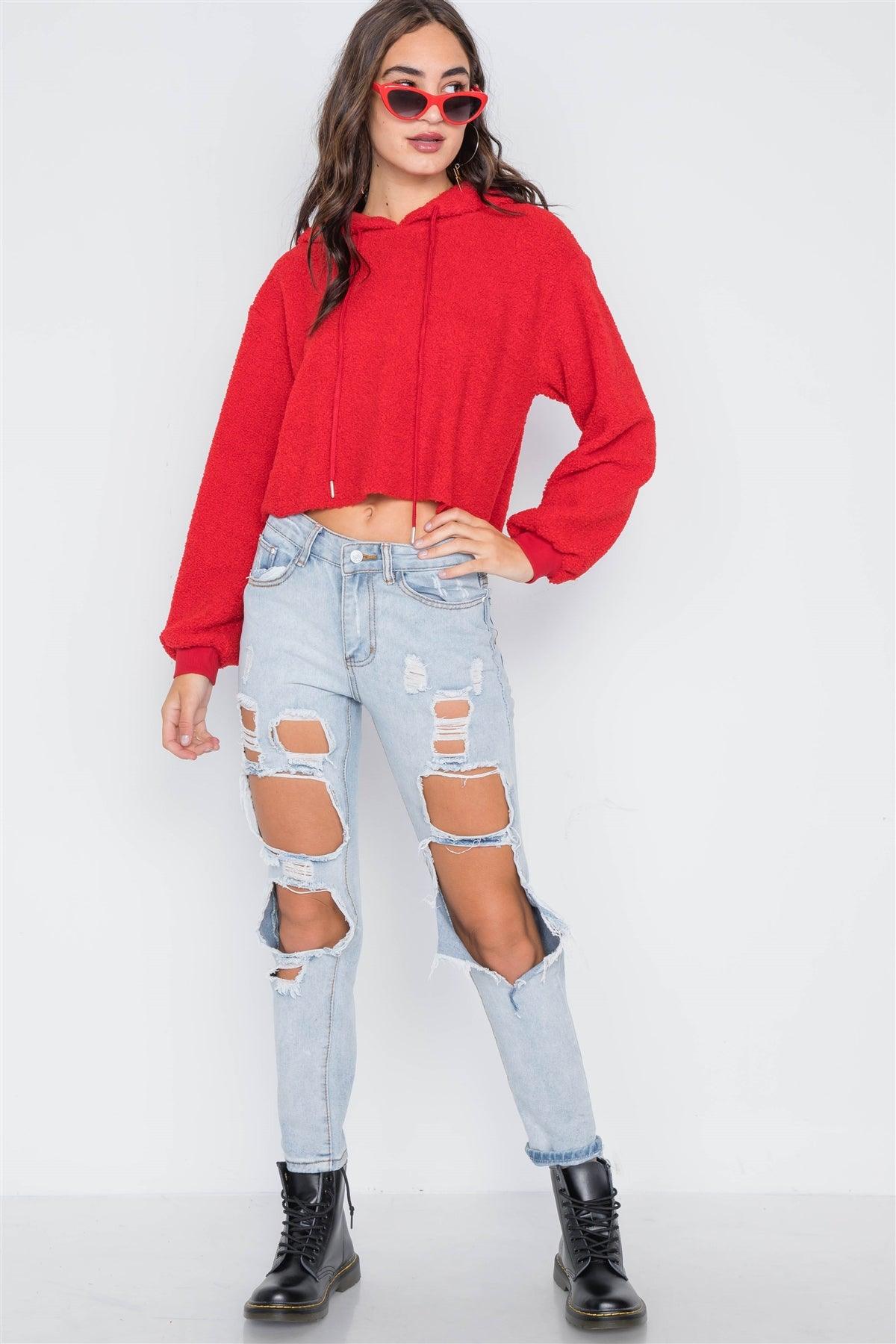 Red Cropped Hooded Long Sleeve Fleece Sweater /1-3-2