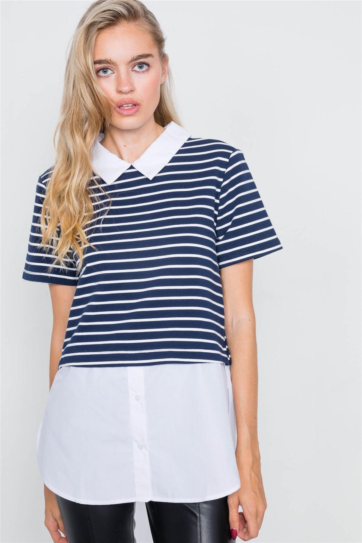 Navy & White Stripe Contrast Button Down Shirt Blouse  /2-2-2