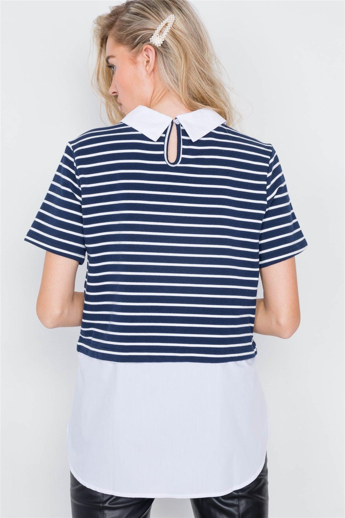 Navy & White Stripe Contrast Button Down Shirt Blouse  /2-2-2