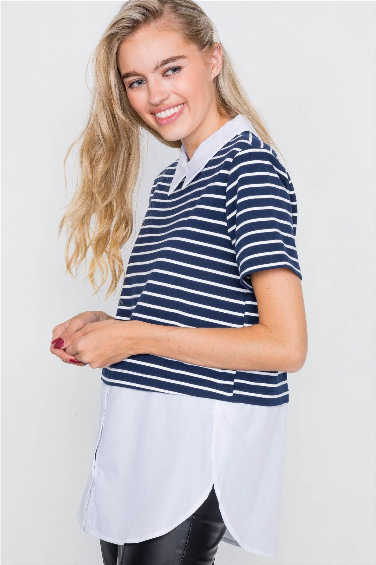 Navy & White Stripe Contrast Button Down Shirt Blouse  /2-2-2