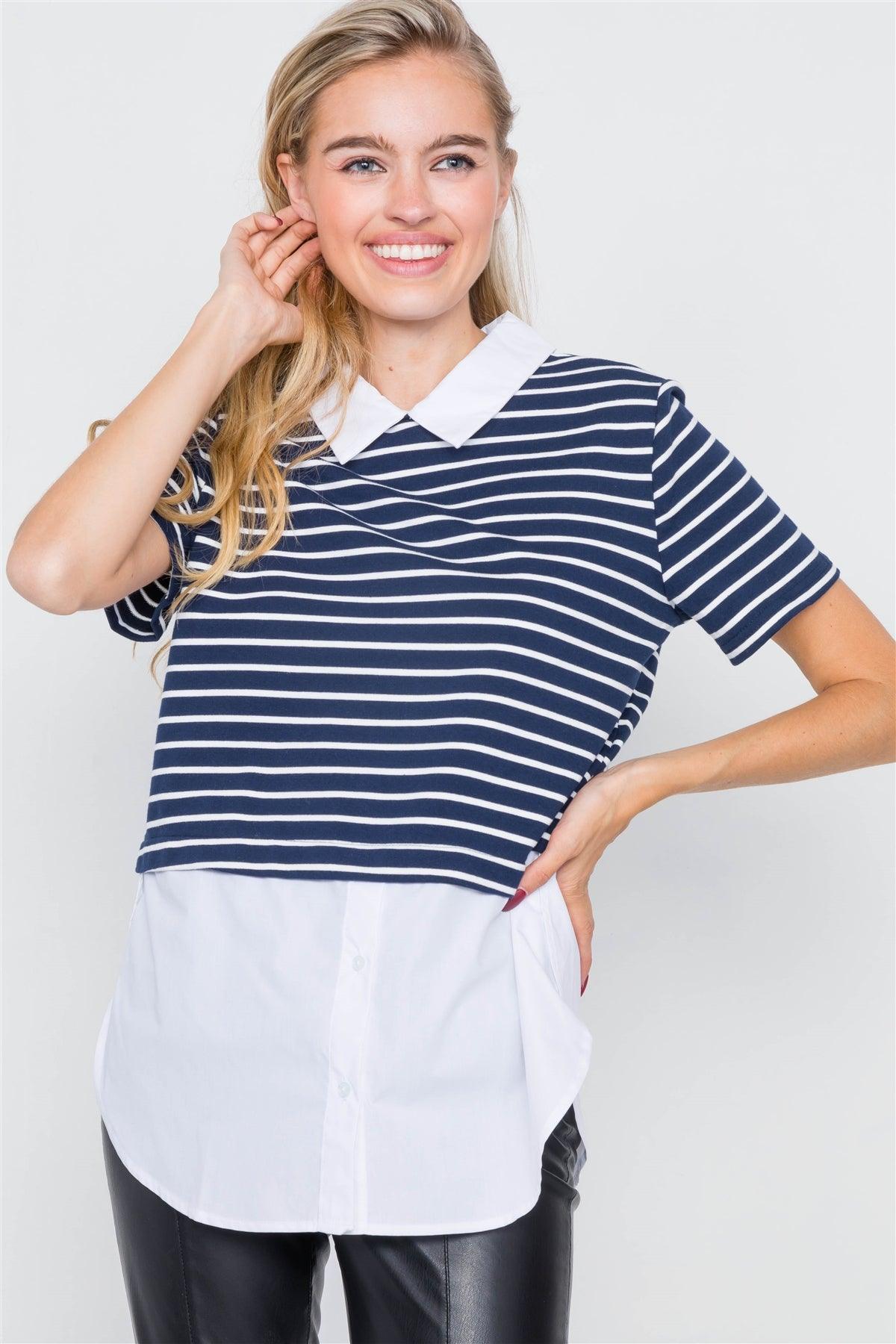 Navy & White Stripe Contrast Button Down Shirt Blouse  /2-2-2