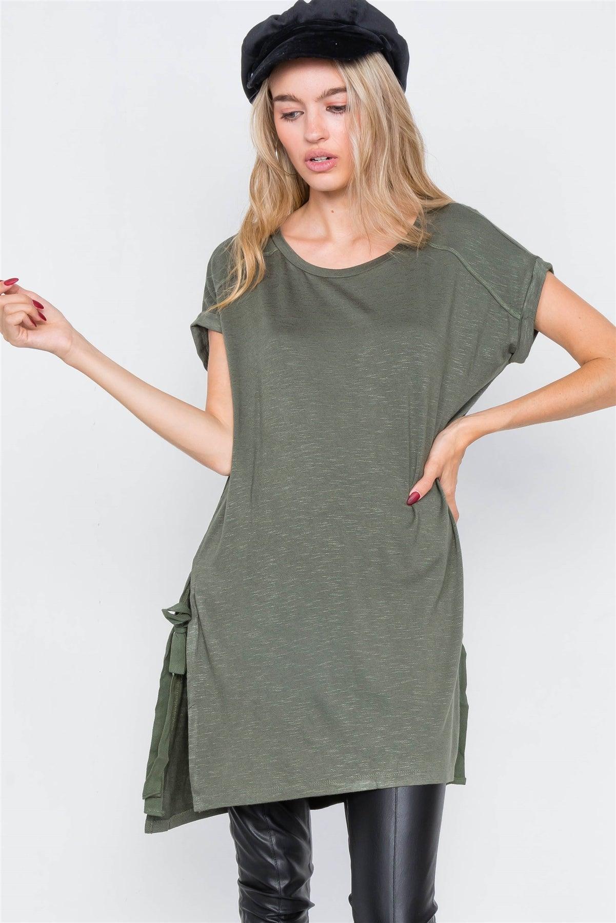 Olive High-Low Rolled Sleeves Side Slit Self-Tie Tunic Top /2-2-2