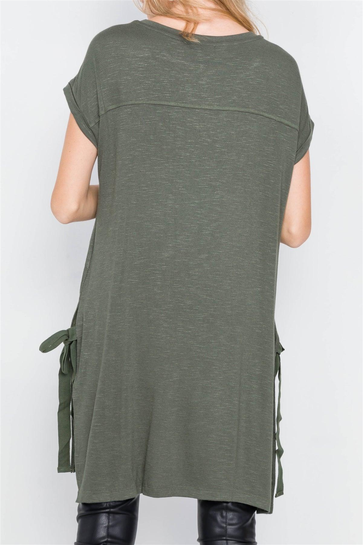 Olive High-Low Rolled Sleeves Side Slit Self-Tie Tunic Top /2-2-2