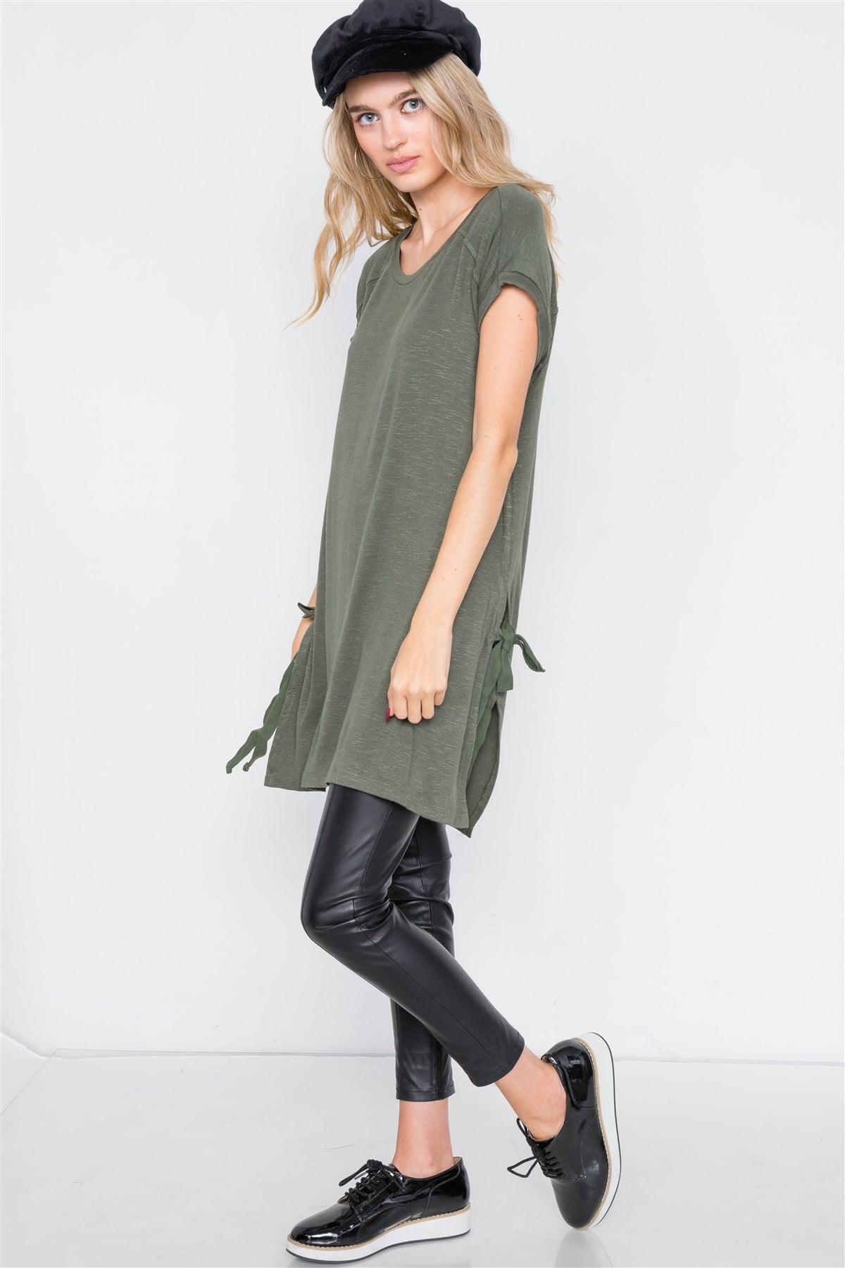 Olive High-Low Rolled Sleeves Side Slit Self-Tie Tunic Top /2-2-2