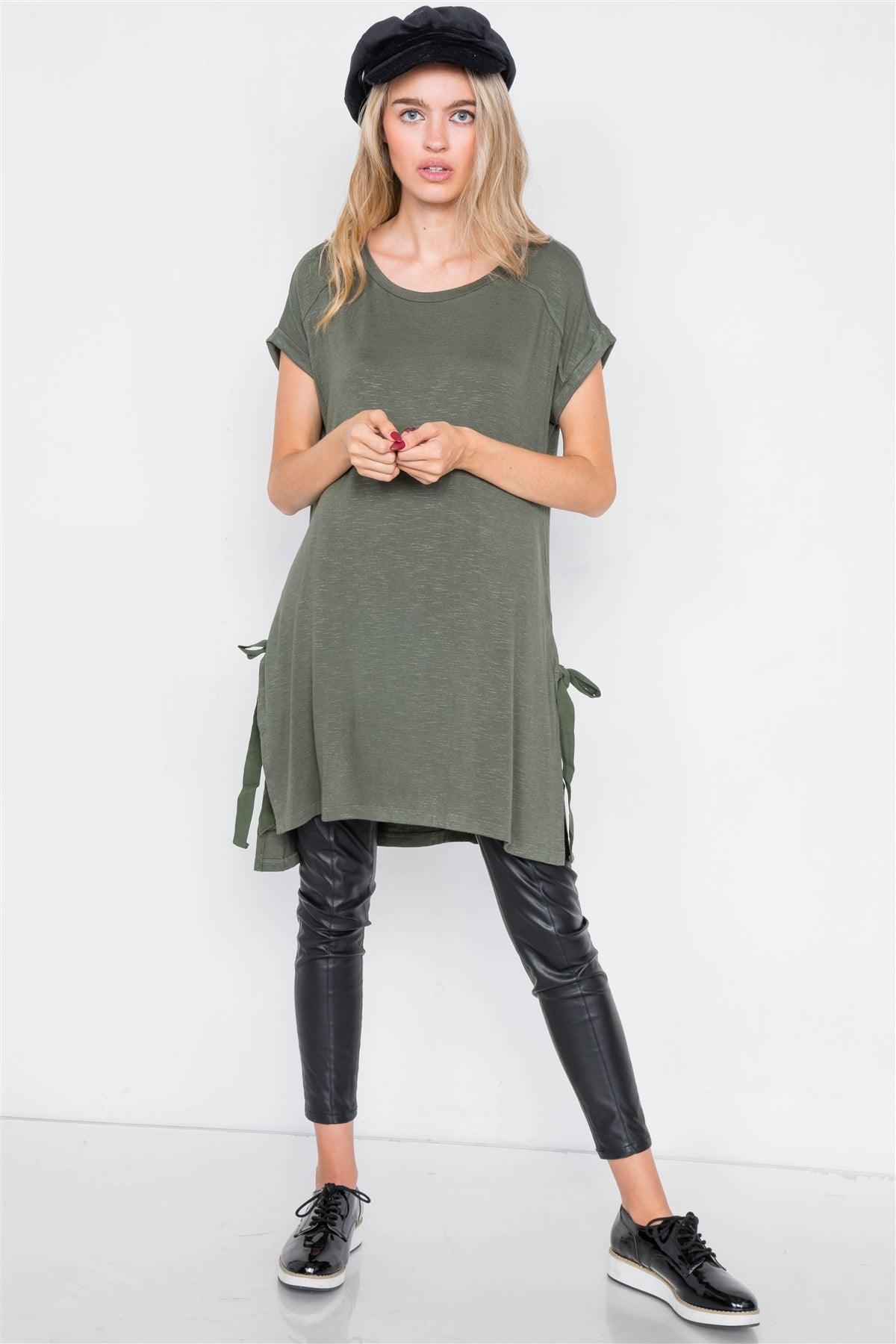 Olive High-Low Rolled Sleeves Side Slit Self-Tie Tunic Top /2-2-2