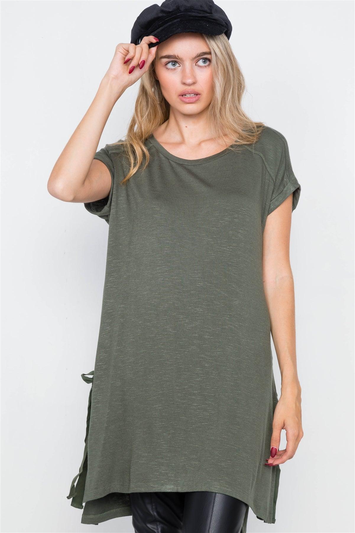 Olive High-Low Rolled Sleeves Side Slit Self-Tie Tunic Top /2-2-2