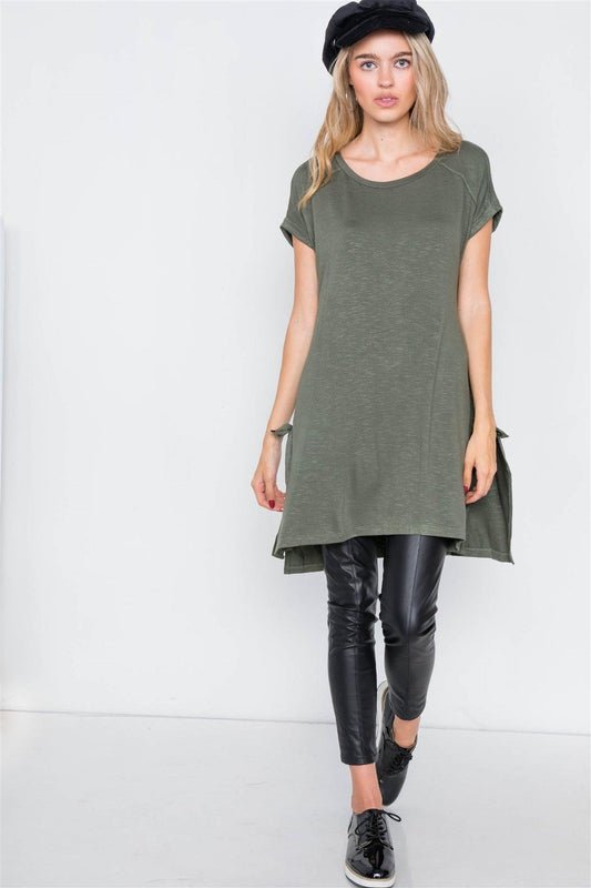 Olive High-Low Rolled Sleeves Side Slit Self-Tie Tunic Top /2-3-1