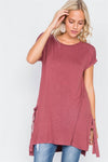 Wine Rose High-Low Rolled Sleeves Side Slit Self-Tie Tunic Top /1-3-2