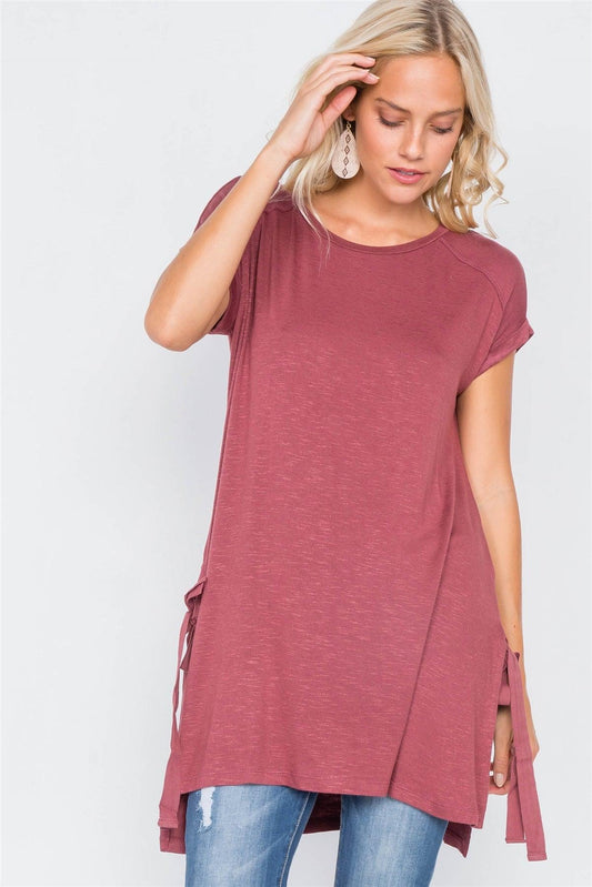 Wine Rose High-Low Rolled Sleeves Side Slit Self-Tie Tunic Top /1-3-2