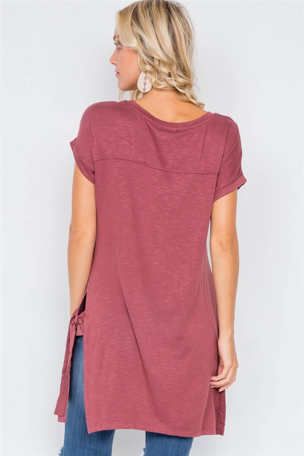 Wine Rose High-Low Rolled Sleeves Side Slit Self-Tie Tunic Top /1-3-2