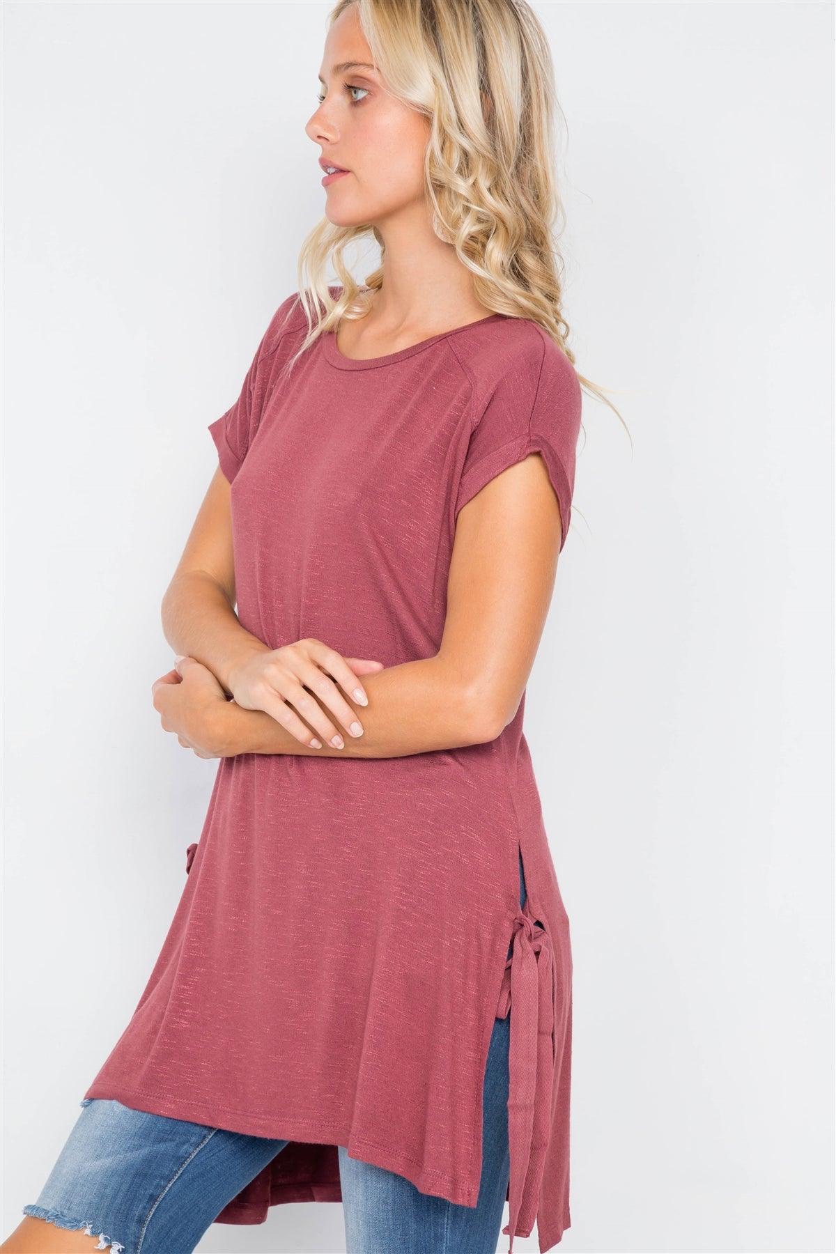 Wine Rose High-Low Rolled Sleeves Side Slit Self-Tie Tunic Top /1-3-2