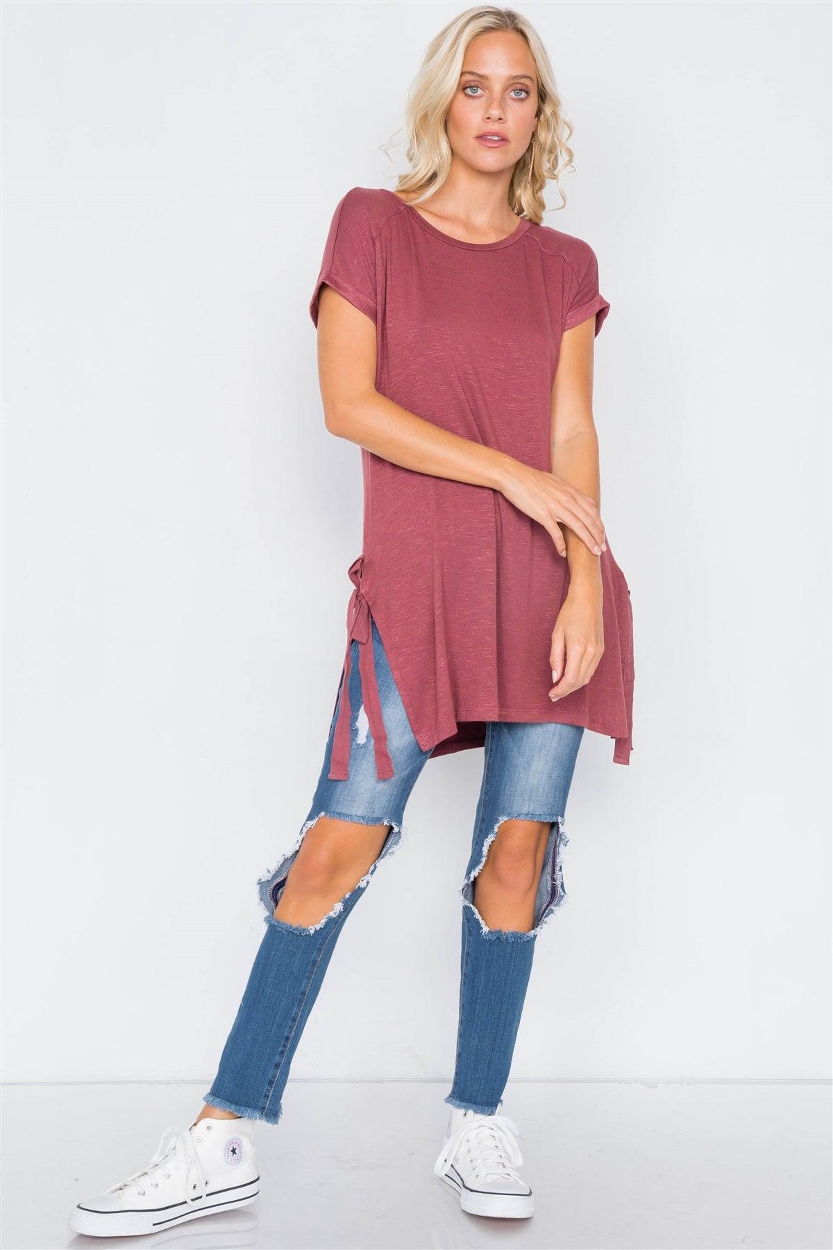 Wine Rose High-Low Rolled Sleeves Side Slit Self-Tie Tunic Top /1-3-2