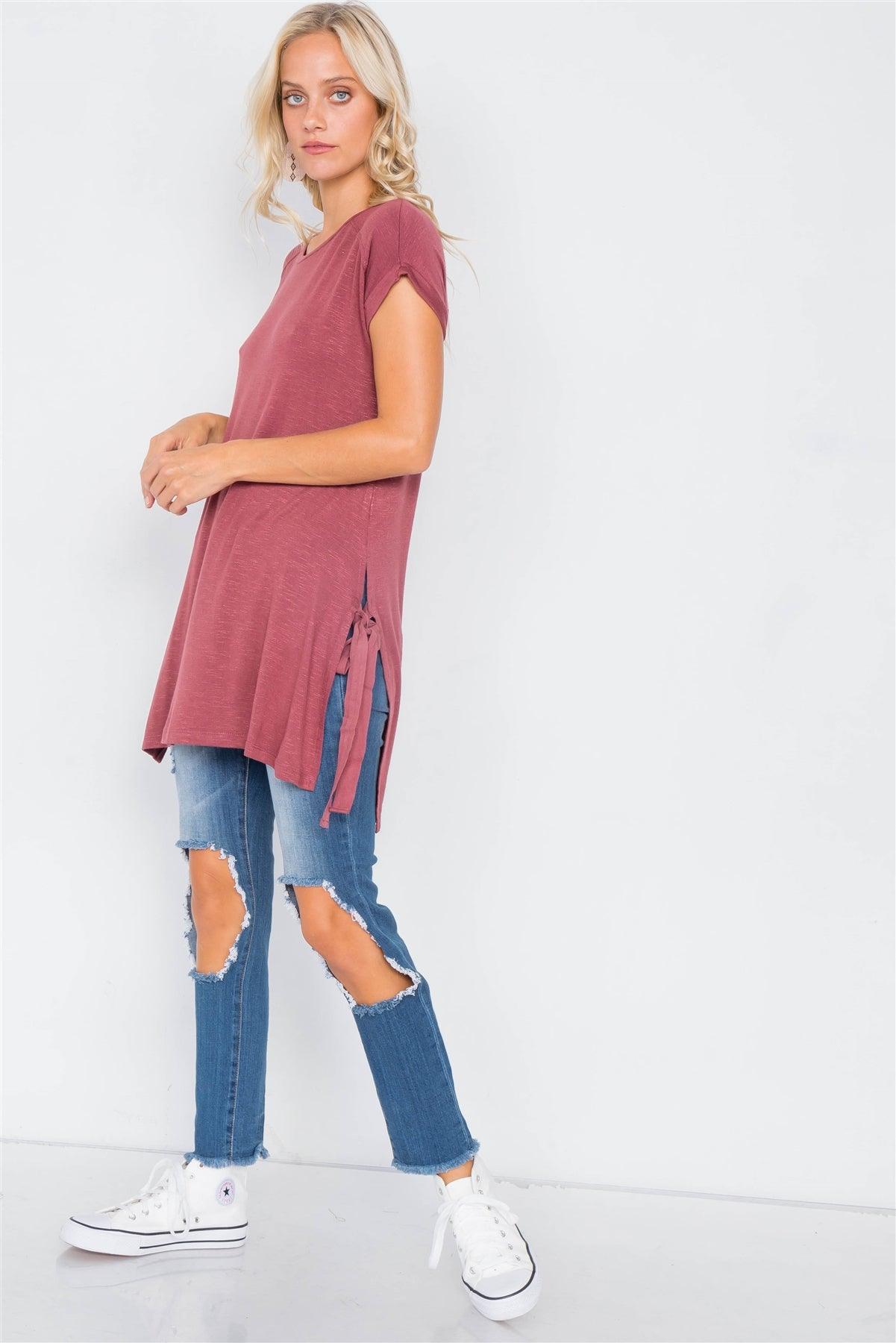 Wine Rose High-Low Rolled Sleeves Side Slit Self-Tie Tunic Top /1-3-2