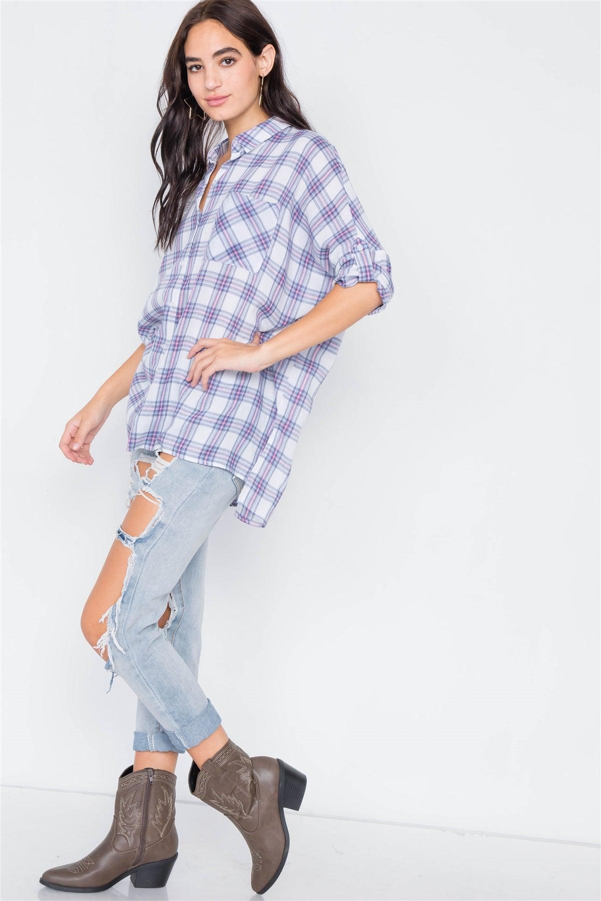 White Blue & Red Cotton Relaxed Fit Plaid Button Down Top /1-2-2