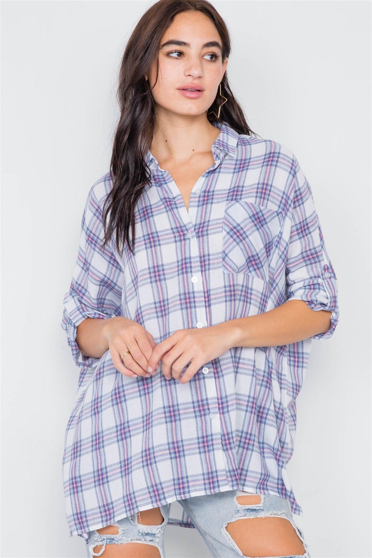 White Blue & Red Cotton Relaxed Fit Plaid Button Down Top /1-2-2