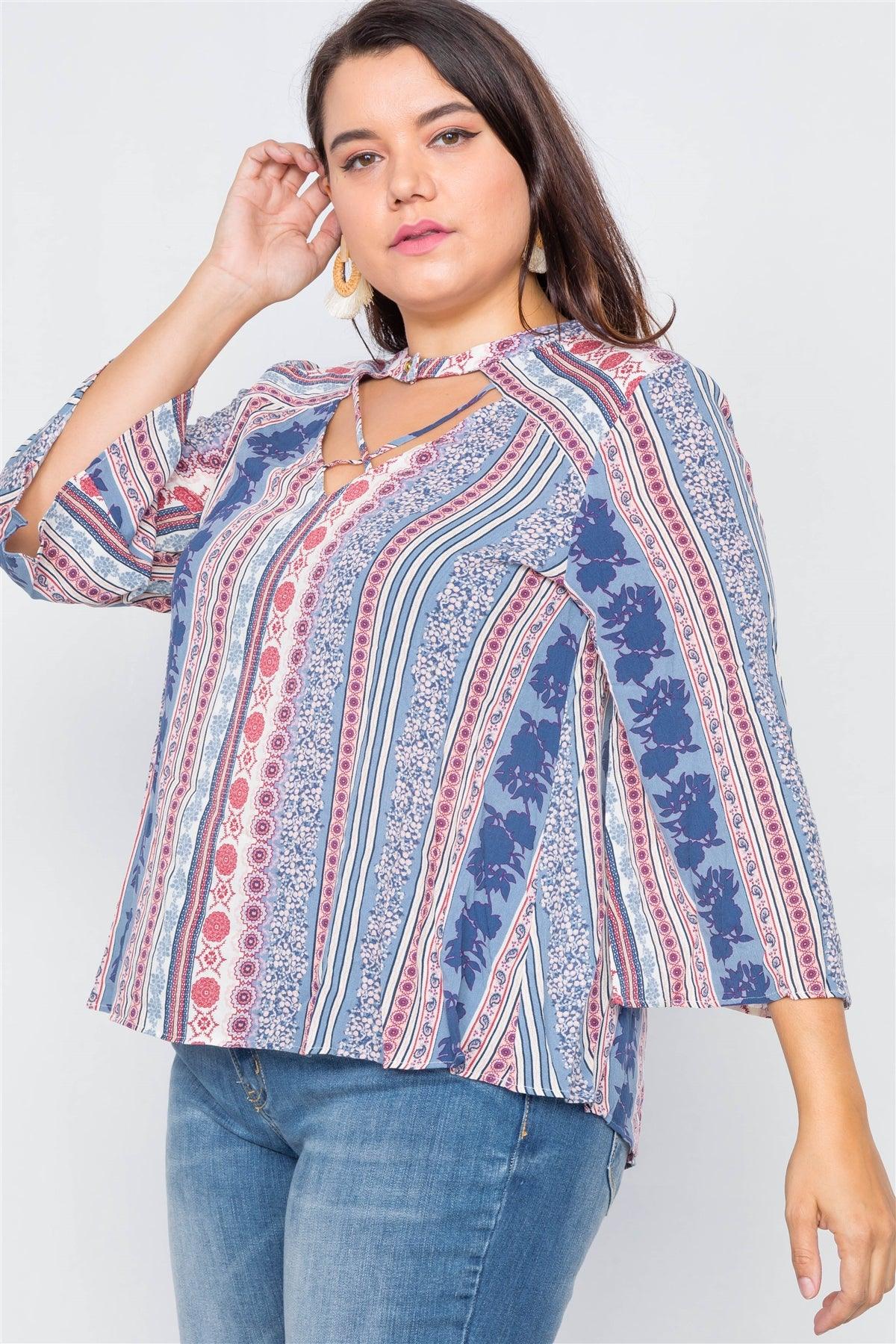 Blue & Magenta Boho Print Criss-Cross Neck High-Low Top /2-2-2