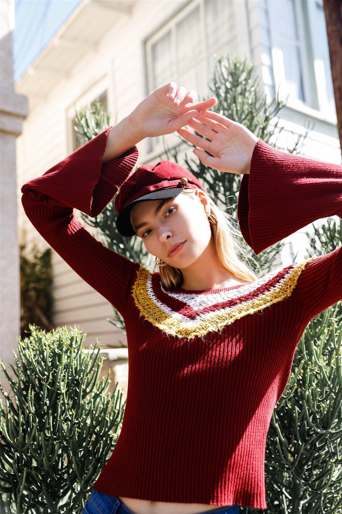 Burgundy Multi Stripe Knit Bell Sleeve Sweater /2-2-2