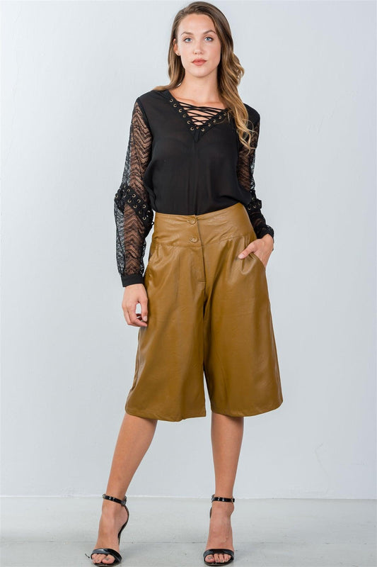 Camel Wide Leg Faux Leather Culottes / 2-2-2