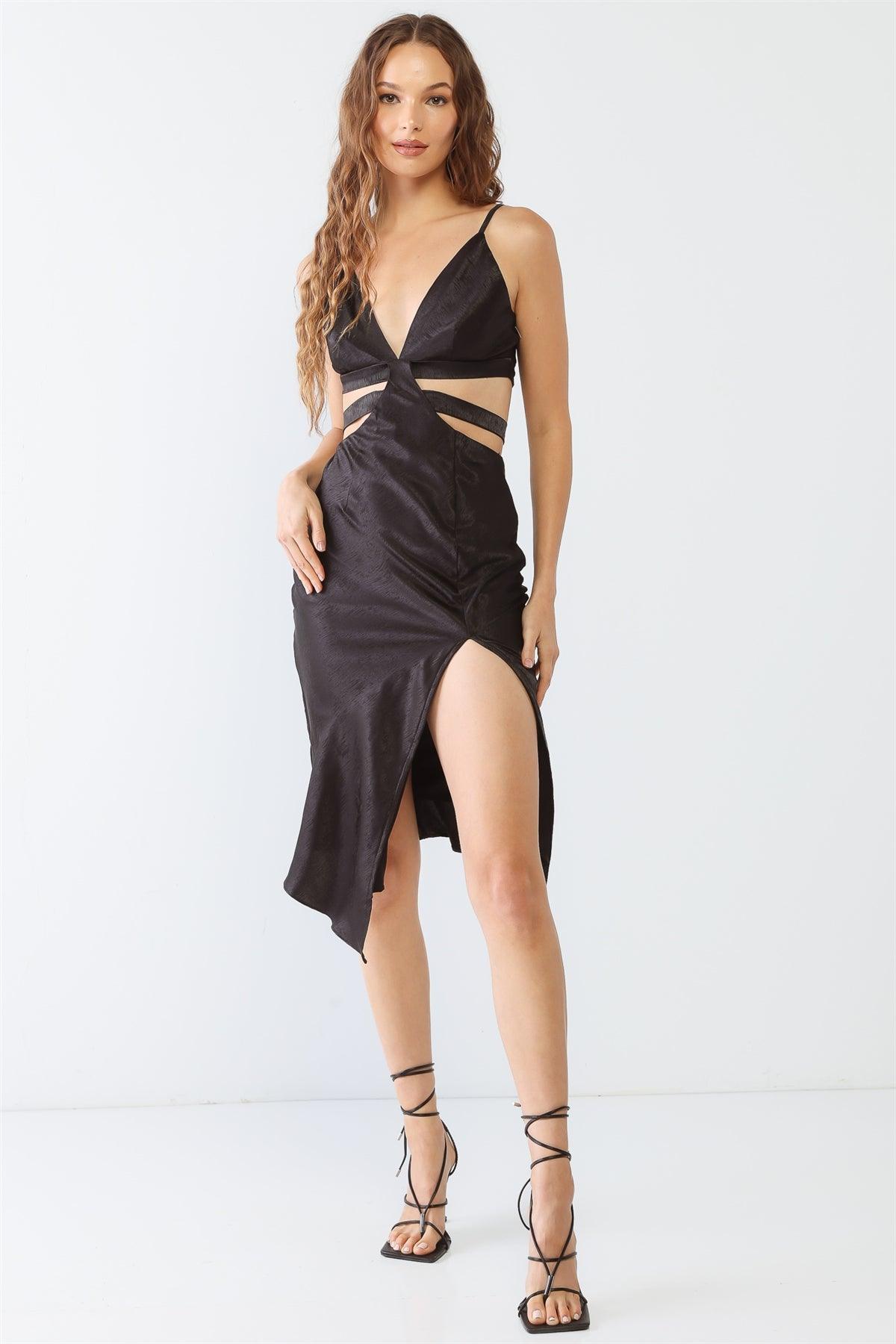 Black Printed Satin Cut-Out Detail V-Neck Self-Tie Side Slit Midi Dress /3-2-1