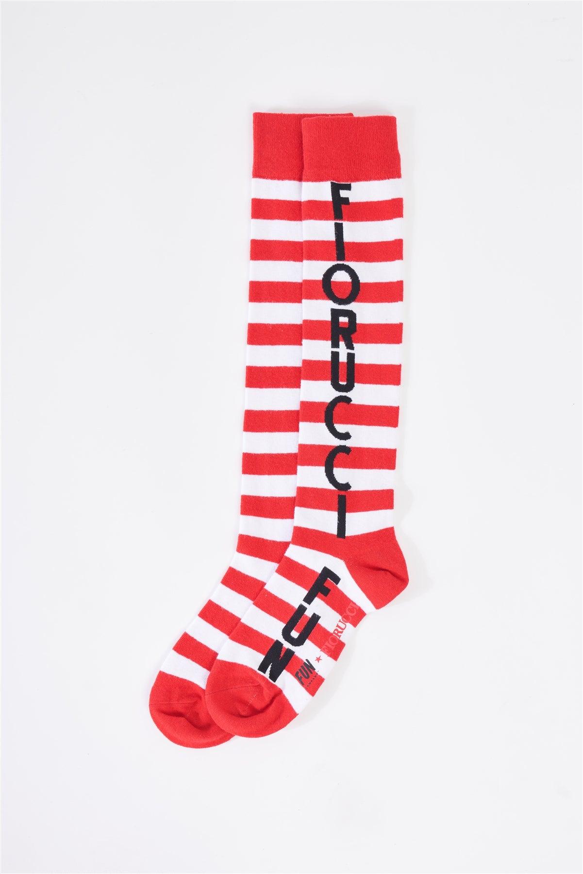 Fiorucci Fun Red & White Striped Knee Length Printed Logo Detail Women's  Socks /3 Pairs