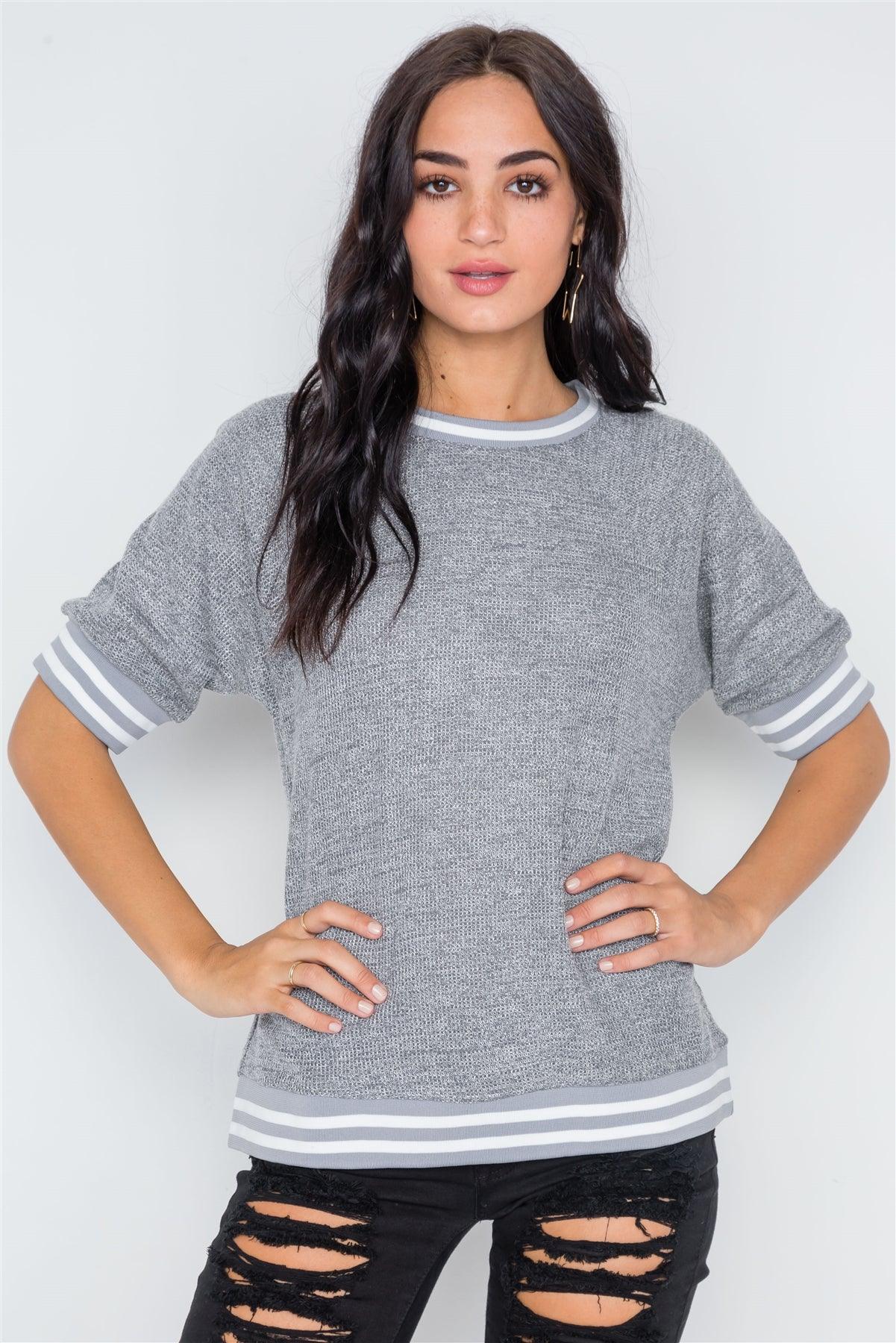 Charcoal Stripe Contrast Trim Crew Neck Top /2-2-2