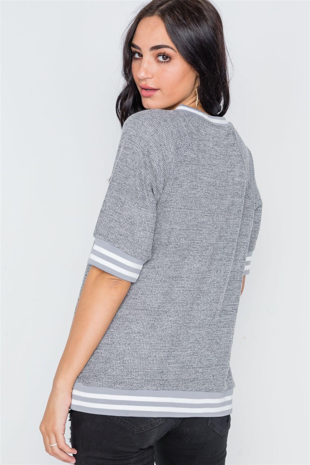 Charcoal Stripe Contrast Trim Crew Neck Top /2-2-2