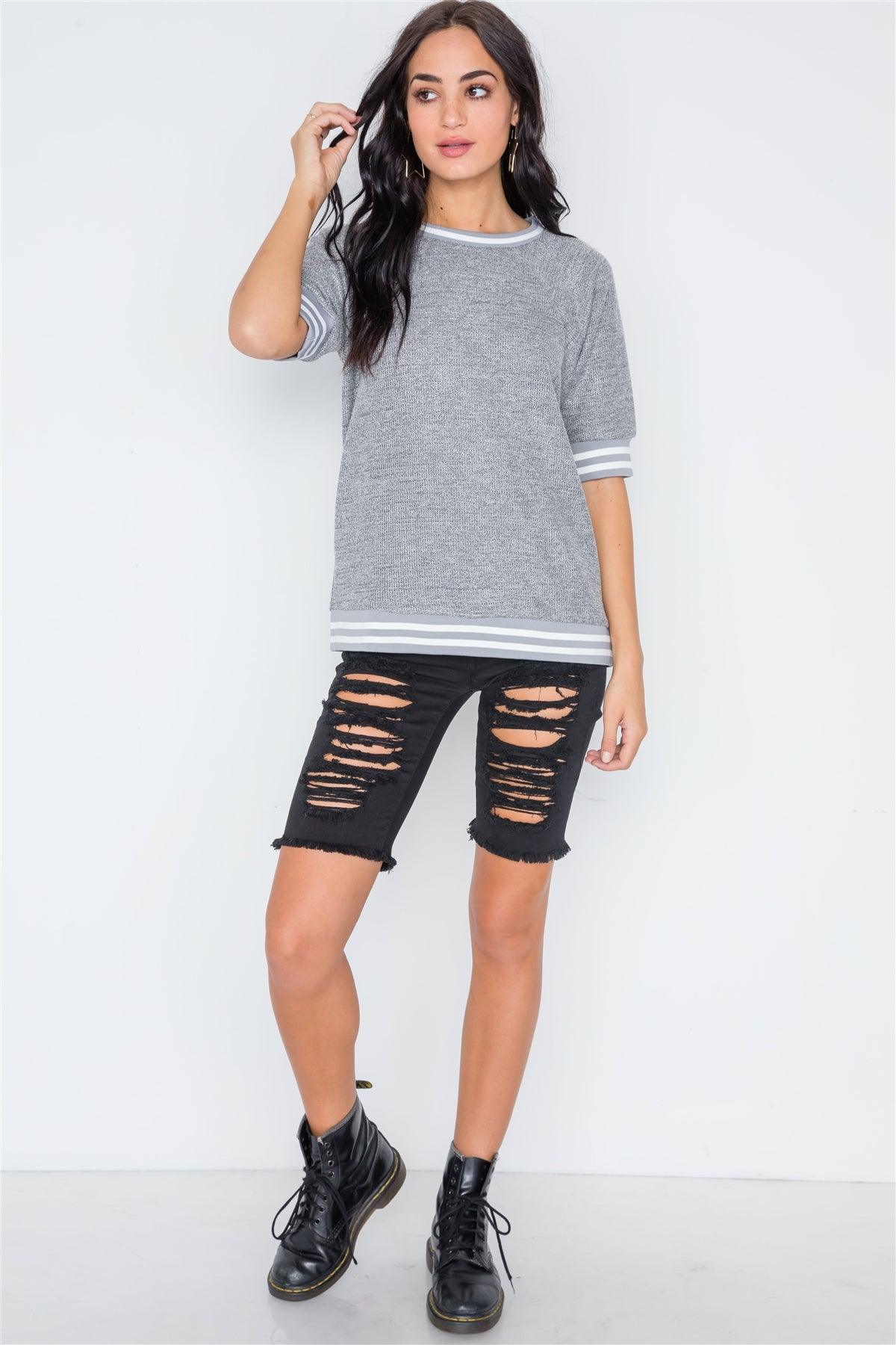 Charcoal Stripe Contrast Trim Crew Neck Top /2-2-2