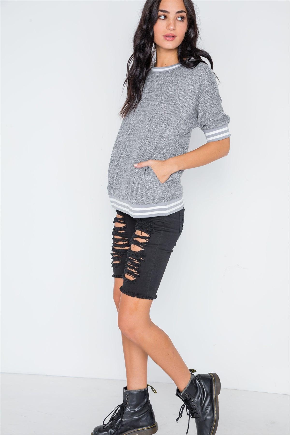 Charcoal Stripe Contrast Trim Crew Neck Top /2-2-2