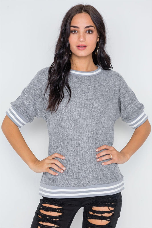 Charcoal Stripe Contrast Trim Crew Neck Top