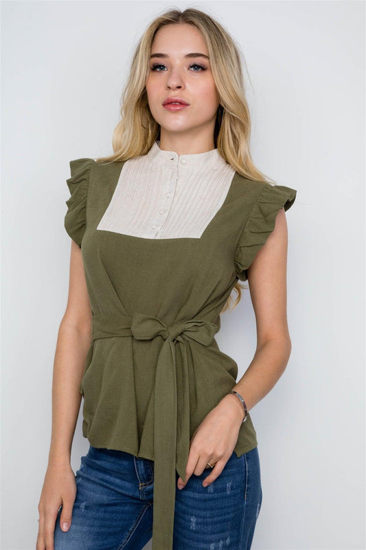 Olive Tie Front Ruffle Sleeve Boho Top /2-2-2