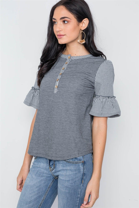 Charcoal Contrast Stripe Ruffle Sleeves Boho Top / 1-2-2