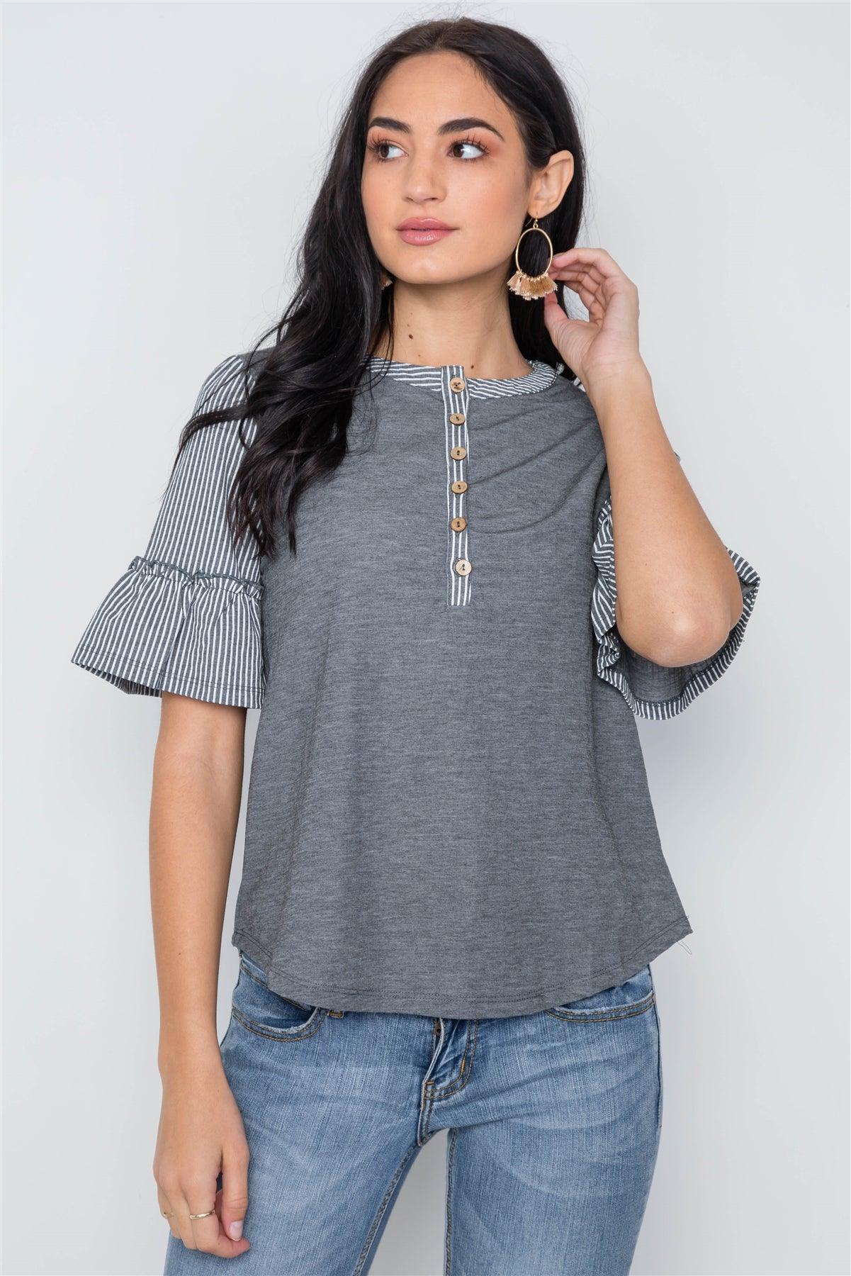 Charcoal Contrast Stripe Ruffle Sleeves Boho Top / 1-2-2