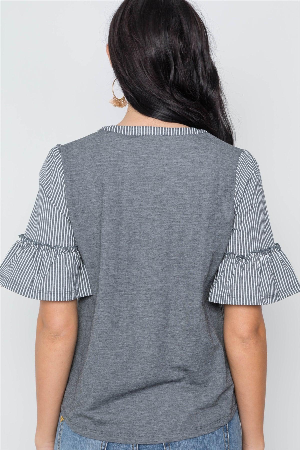 Charcoal Contrast Stripe Ruffle Sleeves Boho Top / 1-2-2