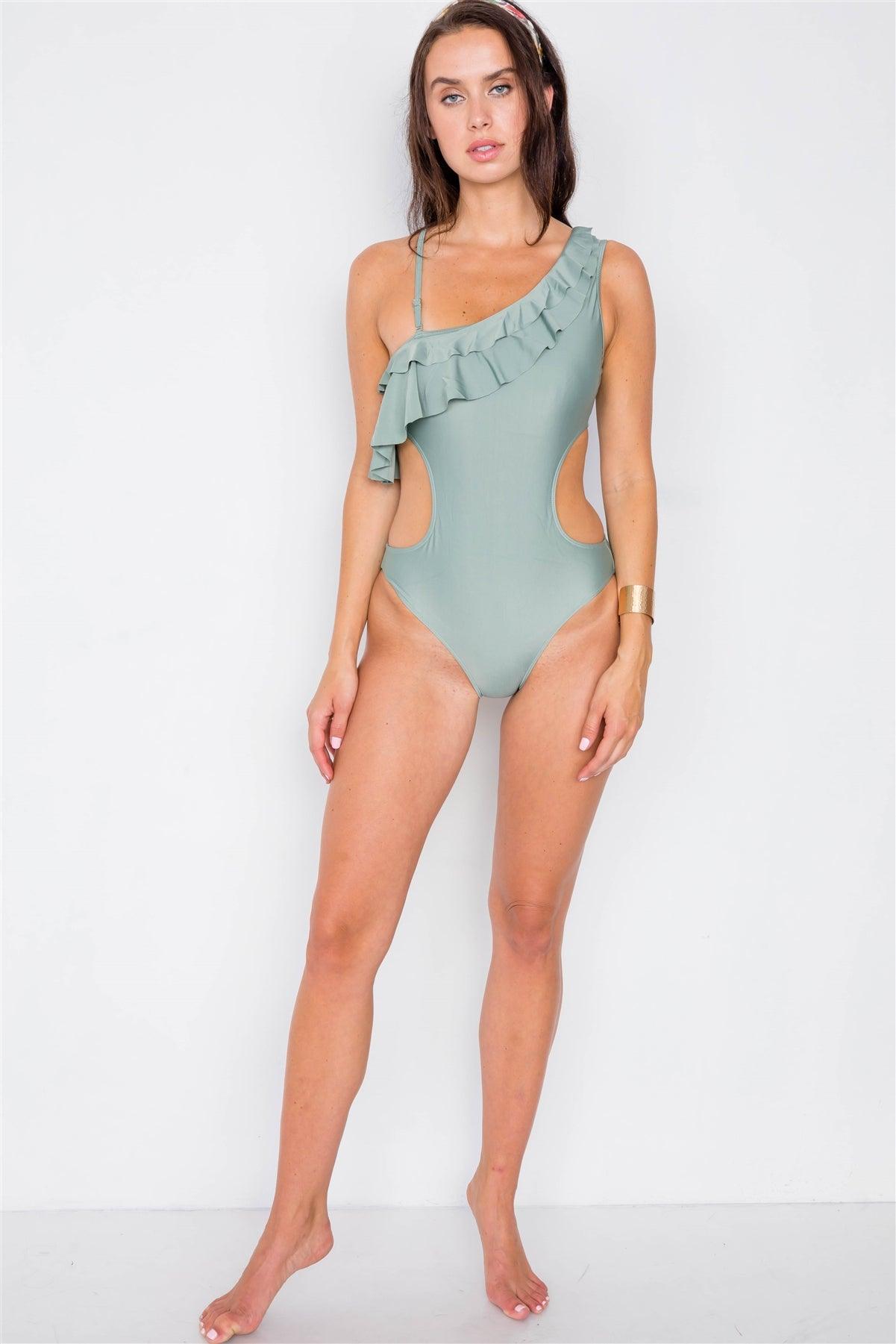 Sage Flounce Asymmetrical Cut-Out One Piece Bikini   /1-1-1-1